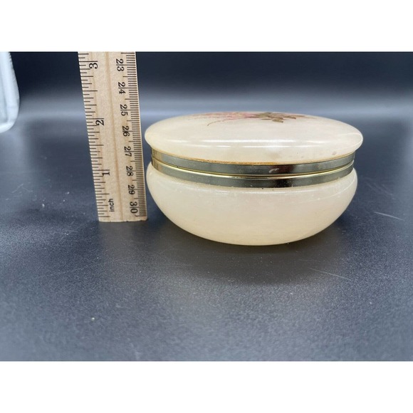 Vintage Alabaster Trinket Box Hand Painted Flowers Jewelry Box Made In Italy - Picture 3 of 7